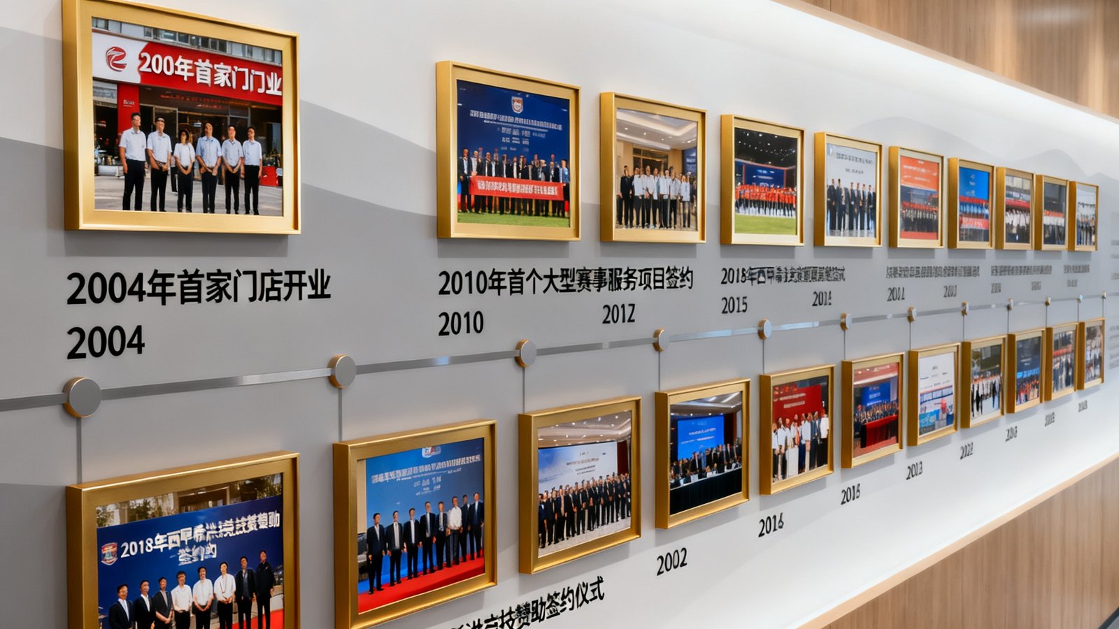 CMP冠军体育公司发展历程展示墙画面，墙上排列着从2004年至今的重要里程碑照片，包括首家门店开业、首个大型赛事服务项目签约、西甲希洪竞技赞助签约仪式等历史时刻