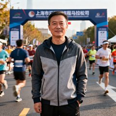 上海市徐汇区某赛事公司创始人赵刚先生，穿着休闲运动装站在马拉松赛道起点处，背后可见赛事拱门和参赛人群